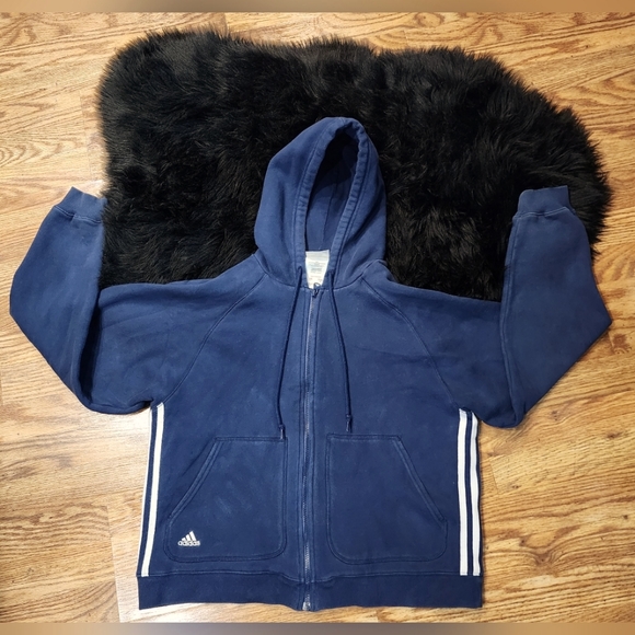 RARE Vintage Adidas Navy Blue Zip-up Hoodie With 3 White Stripes Women's Size L - Picture 7 of 10